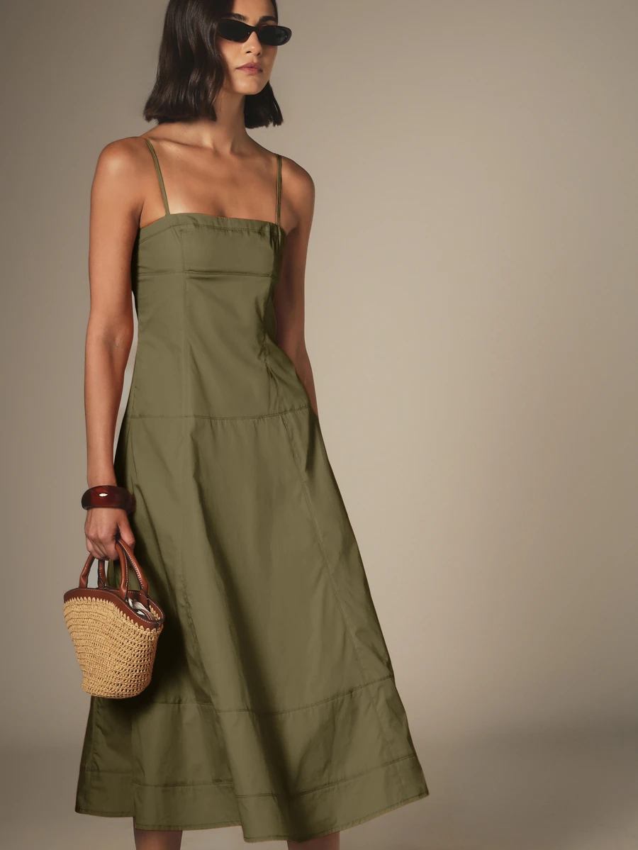 KSTM Square Neck Spaghetti Strap Midi Dress With Tiered A-Line Skirt And Back Zip Closure For Summer Vacation - Army Green - View 1