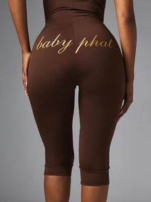 BABYPHAT Chocolate Brown Capri Jumpsuit With Keyhole Cutout High Neck Cap Sleeve Gold Logo Bodycon One-Piece - Brown - View 5