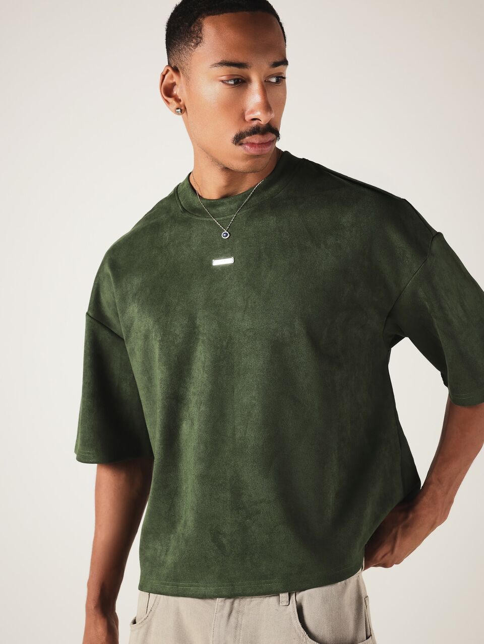 Oversized Boxy Crop Suede Textured Crew Neck Short Sleeve T-Shirt With Tonal Back Embossed Graphic Logo Print