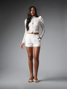 MISSGUIDED Floral Lace Crop Blouse With High Neck Puff Long Sleeves And Frog Button Front Closure Semi Sheer Spring Summer Party Top - White - View 4