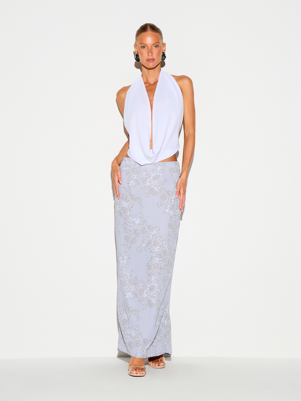 KIZN Floral Print Ribbed Maxi Skirt With Back Split