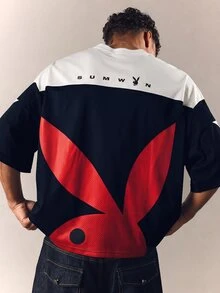 PLAYBOY X SUMWON Oversized Mesh Jersey V-Neck Color Block Star Print Football Top With Bunny Logo Back Graphic - Blue and White - View 2