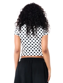 SUMWON Polka Dot Crop Slim Fit Tee With Colorful Sticker Patch Graphic Print Crew Neck Short Sleeve Fitted Summer Festival Top - Black and White - View 2