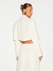 KIZN Cropped Blazer Jacket With Notch Lapel Open Front Long Sleeves Structured Shoulders Spring Summer Evening Party - White - View 2