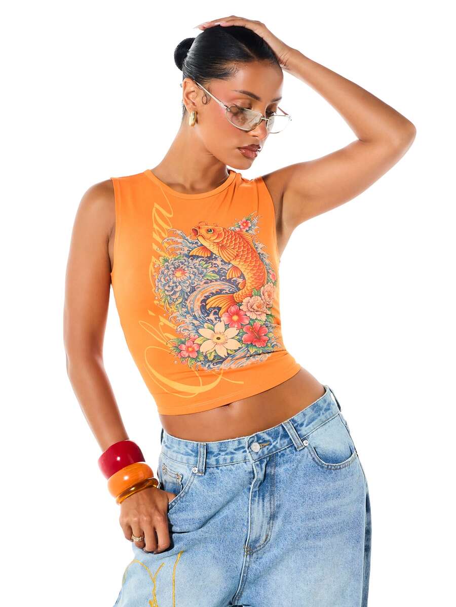 SUMWON Koi Fish Floral Graphic Print Cropped Tank Top Crew Neck Sleeveless Summer Festival Style Fitted Crop Top - Orange - View 1
