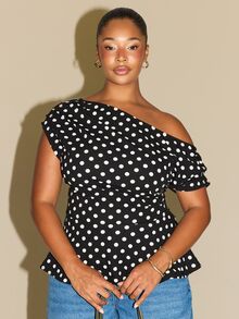 FASHION SZN ملابس علوية بيبلم بنقاط بولكا مقاس كبير، قماش كريب مطاطي، أكتاف منسدلة، بدون أكمام، أنيقة وعصرية بلون موحد، ذكية للخريف - أبيض وأسود - مشاهدة 1