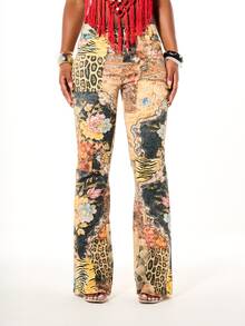 SUMWON Mixed Animal Floral Print High Rise Bell Bottom Flared Jeans Patchwork AOP Leopard Tiger Botanical Festival Summer Statement Pants - Multicolor - View 4