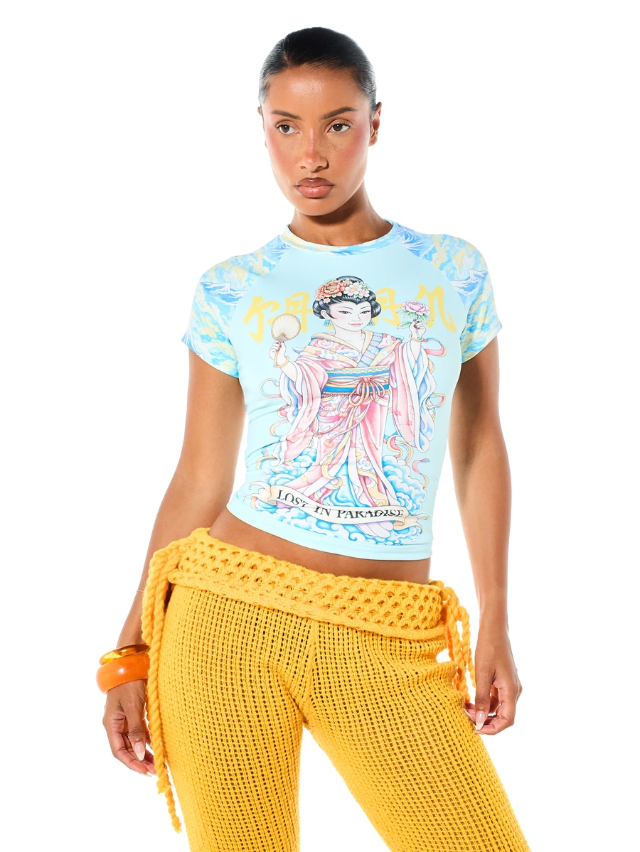 SUMWON Kaos Grafis Crop dengan Motif Geisha AOP, Kerah Bulat, Lengan Pendek, Potongan Slim Fit, Atasan untuk Festival Musim Panas - Biru - View 1