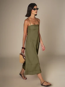 KSTM Square Neck Spaghetti Strap Midi Dress With Tiered A-Line Skirt And Back Zip Closure For Summer Vacation - Army Green - View 6