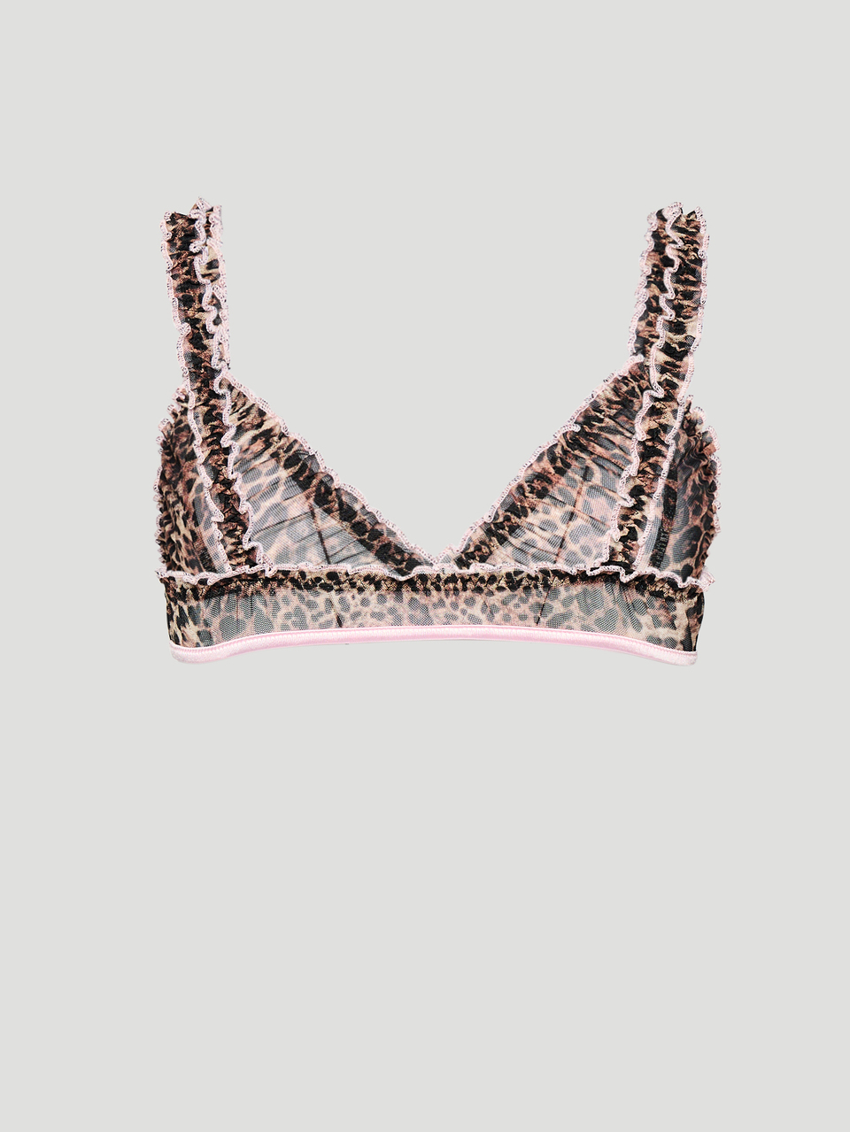 SUMWON WOMEN Bralet z siateczki w panterkę z falbanową koronkową wykończeniem ramiączek, różową satynową kokardką i trójkątnymi miseczkami, bielizna