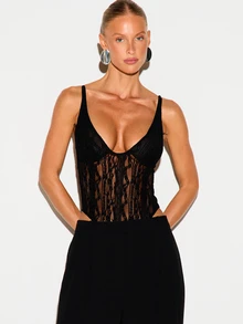 KIZN Blumenspitze Bodysuit mit tiefem Ausschnitt, Korsett-Stäbchen, transparenten Spaghettiträgern und tiefem V-Ausschnitt für Party und Ausgehen - Schwarz - Übersicht 1