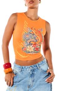 SUMWON Koi Fish Floral Graphic Print Cropped Tank Top Crew Neck Sleeveless Summer Festival Style Fitted Crop Top - Orange - View 4