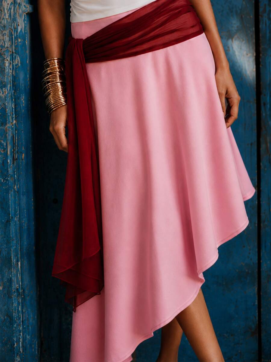 Zerodot Women Red Ruched Waist Pink Asymmetric Midi Elegant Skirt Casual Daily Spring Fall - Pink - View 1
