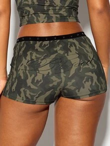 SUMWON WOMEN Camouflage Co-Ord Set Scoop Neck Sleeveless Crop Tank Top And Hot Pants Shorts With Metal Eyelet Trim And Blessed Script Detail - Multicolor - View 2