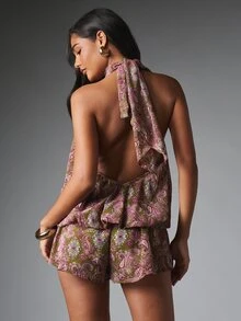 MISSGUIDED Paisley Print Halter Neck Romper With Open Back Tie Detail And Ruffle Hem Perfect For Summer Vacation Beach Holiday - Multicolor - View 2