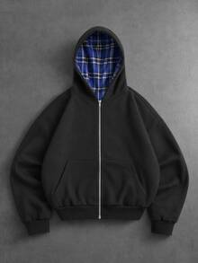 SUMWON Áo khoác hoodie oversize khóa kéo toàn thân, lót nỉ kẻ caro, túi giữa chia đôi, áo khoác nỉ thiết yếu cho mùa thu đông - màu đen - Xem 1