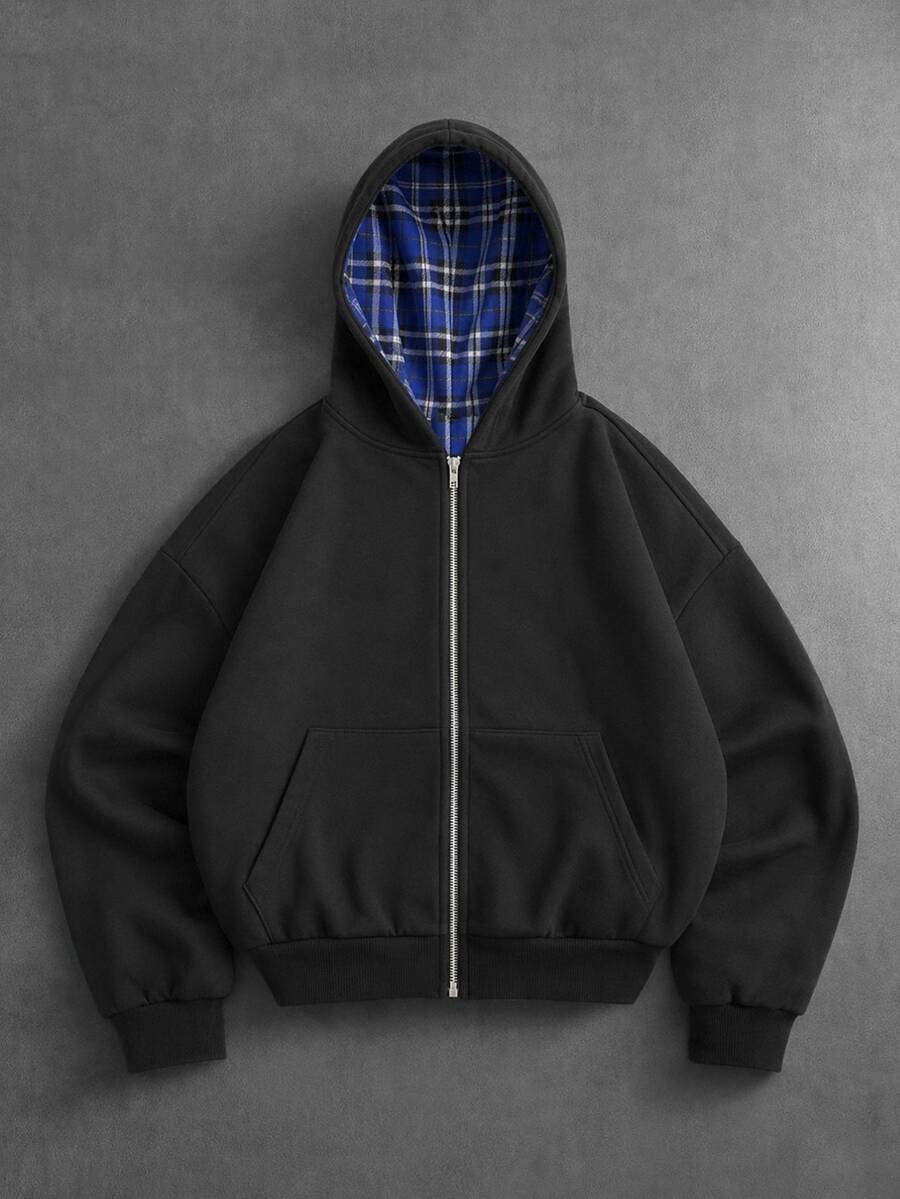 SUMWON Áo khoác hoodie oversize khóa kéo toàn thân, lót nỉ kẻ caro, túi giữa chia đôi, áo khoác nỉ thiết yếu cho mùa thu đông - màu đen - Xem 1