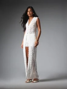 MISSGUIDED Floral Lace Sleeveless Longline Vest With Deep V-Neck Button Front And Sheer Maxi Length Perfect For Summer Occasions And Bridal Events - White - View 3