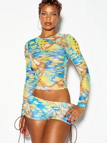 SUMWON Long Sleeve Crop Top With Crew Neck Abstract Watercolor AOP Print Ruched Side Detail Fitted Mesh Fabric Festival Summer Style Fall - Multicolor - View 1