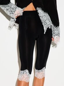 KIZN Cropped Capri Leggings With Floral White Lace Hem Trim Skin Tight Stretch Mid Rise Fall Winter Party Evening Style - Black - View 5