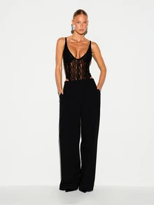 KIZN Blumenspitze Bodysuit mit tiefem Ausschnitt, Korsett-Stäbchen, transparenten Spaghettiträgern und tiefem V-Ausschnitt für Party und Ausgehen - Schwarz - Übersicht 4