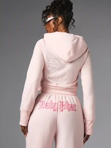 BABYPHAT Rhinestone Butterfly Zip-Up Cropped Hoodie With Gothic Logo Print And Centre Pocket - Y2K Streetwear Fall Essential - Baby Pink - View 3