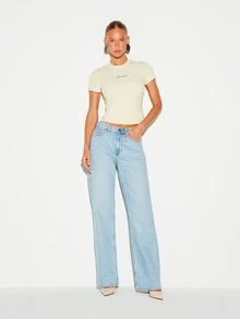 KIZN Kaos Crop Top Lengan Pendek Kerah Bulat Bordir Logo, Potongan Slim Fit, Cocok untuk Musim Panas, Kaos Kasual Slim Fit. - Kuning muda - View 4