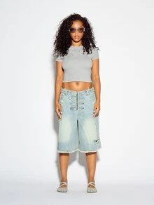 SUMWON WOMEN NYC Rhinestone Studded Crop T-Shirt Crew Neck Short Sleeve Fitted Slim Fit Tee Summer Night Out Top - Grey - View 3