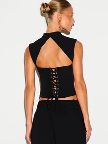 KIZN Structured Corset Crop Top With Mandarin Collar Chinese Frog Button Cut Out Detail And Lace Up Back Closure - Black - View 3