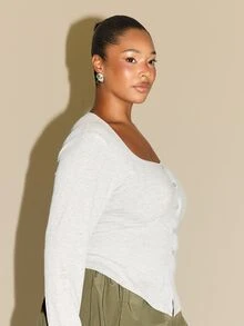 FASHION SZN Plus Size Casual Square Neck Ribbed Long Sleeve Top Layering Basics Essentials Grey Marl Wear To Work School Campus University Comfy Y2K Soft Rib Curve - Grey - View 4
