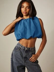 MISSGUIDED Ruched Neckline Sleeveless Crop Top With Gathered Detail And Bubble Hem - Flowy Summer Festival Cropped Blouse - Blue - View 4
