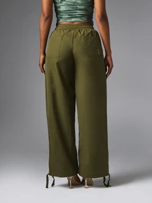 BABYPHAT Wide Leg Casual Pants With Drawstring Waist Patch Pockets And Gold Script Logo Embroidery Full Length - Army Green - View 3
