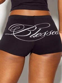 SUMWON WOMEN طقم قطعتين صيفي متطابق من توب بولو قصير بطبعة Blessed Script وياقة بياقة وفتحة أزرار مع شورت ميني ضيق - الأسود - مشاهدة 2