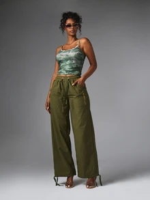 BABYPHAT Wide Leg Casual Pants With Drawstring Waist Patch Pockets And Gold Script Logo Embroidery Full Length - Army Green - View 5
