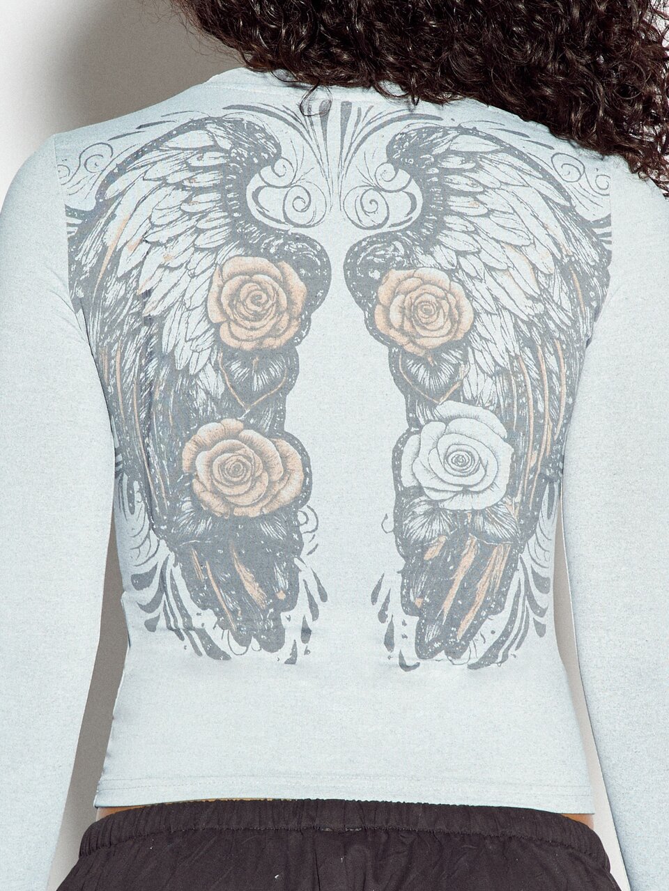 SUMWON WOMEN Angel Girl Gothic Wing Rose Graphic Crop Long Sleeve Top Crew Neck Fitted Stretch Knit Front Back Print Spring Summer Festival