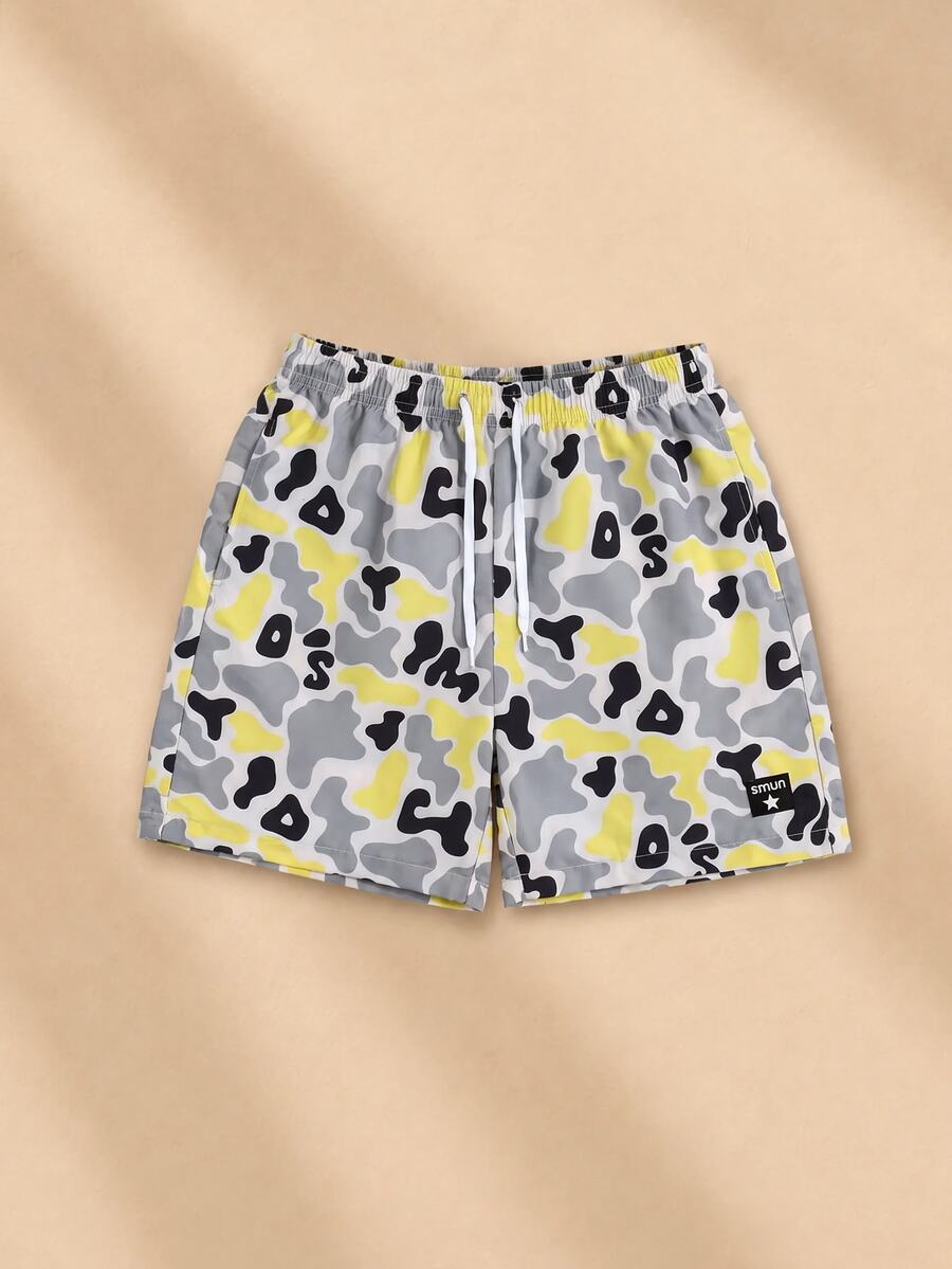 SUMWON Camo Letter Print Drawstring Shorts With Elastic Waist Casual Summer Beach Holiday Swim Trunks All Over Print - Multicolor - View 1