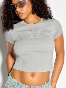 SUMWON WOMEN NYC Rhinestone Studded Crop T-Shirt Crew Neck Short Sleeve Fitted Slim Fit Tee Summer Night Out Top - Grey - View 2
