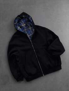 SUMWON Áo khoác hoodie oversize khóa kéo toàn thân, lót nỉ kẻ caro, túi giữa chia đôi, áo khoác nỉ thiết yếu cho mùa thu đông - màu đen - Xem 3