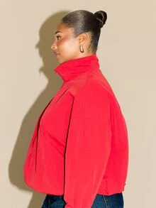 FASHION SZN Plus Size Nylon Zip Track Jacket Pocket Detail Anorak Jacket Spring Hike Active Sport Casual Back To School Fitness Everyday Technical Fabric Red Trending - Red - View 5