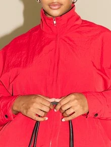 FASHION SZN Plus Size Nylon Zip Track Jacket Pocket Detail Anorak Jacket Spring Hike Active Sport Casual Back To School Fitness Everyday Technical Fabric Red Trending - Red - View 4