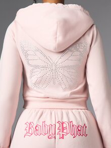 BABYPHAT Rhinestone Butterfly Zip-Up Cropped Hoodie With Gothic Logo Print And Centre Pocket - Y2K Streetwear Fall Essential - Baby Pink - View 6