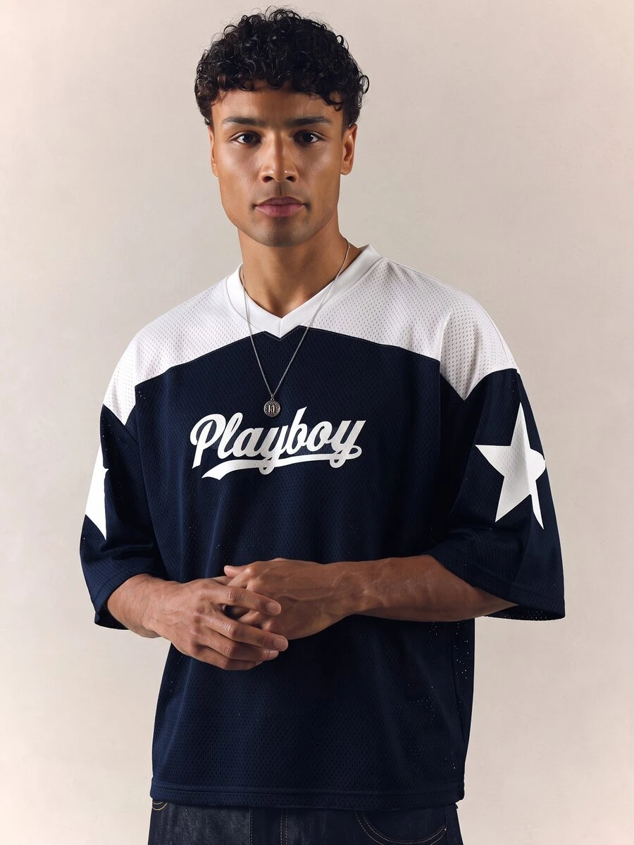 PLAYBOY X SUMWON Oversized Mesh Jersey V-Neck Color Block Star Print Football Top With Bunny Logo Back Graphic - Blue and White - View 1