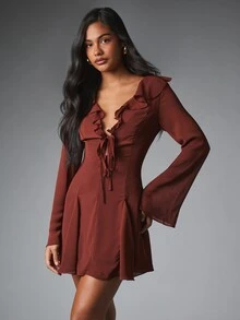 Ruffle V-Neck Tie-Front Mini Dress With Bell Sleeves Fit And Flare Silhouette Fall Winter Party Evening - Dark Brown - View 4