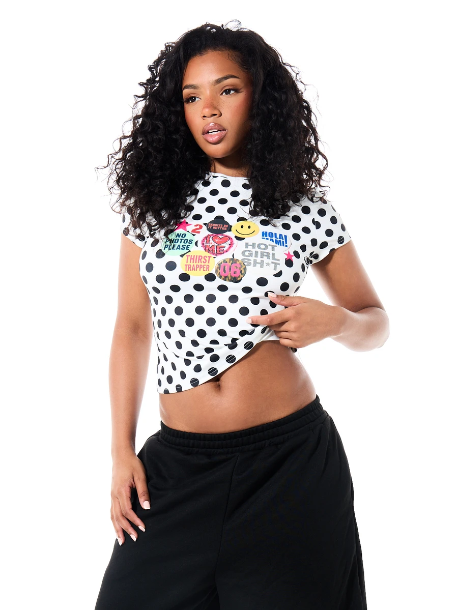SUMWON Polka Dot Crop Slim Fit Tee With Colorful Sticker Patch Graphic Print Crew Neck Short Sleeve Fitted Summer Festival Top - Black and White - View 1