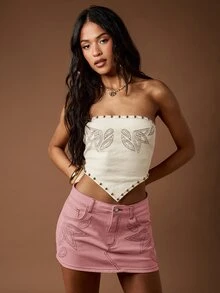 MISSGUIDED Denim Mini Skirt With Western Embroidered Stitching Detail Button Closure Front Pockets Low Rise Festival Summer Holiday Style - Pink - View 6