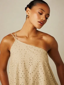 MISSGUIDED One Shoulder Eyelet Lace Mini Dress With Ruffle Hem Scallop Edge A-Line Swing Silhouette Summer Holiday Beach Party - Khaki - View 5