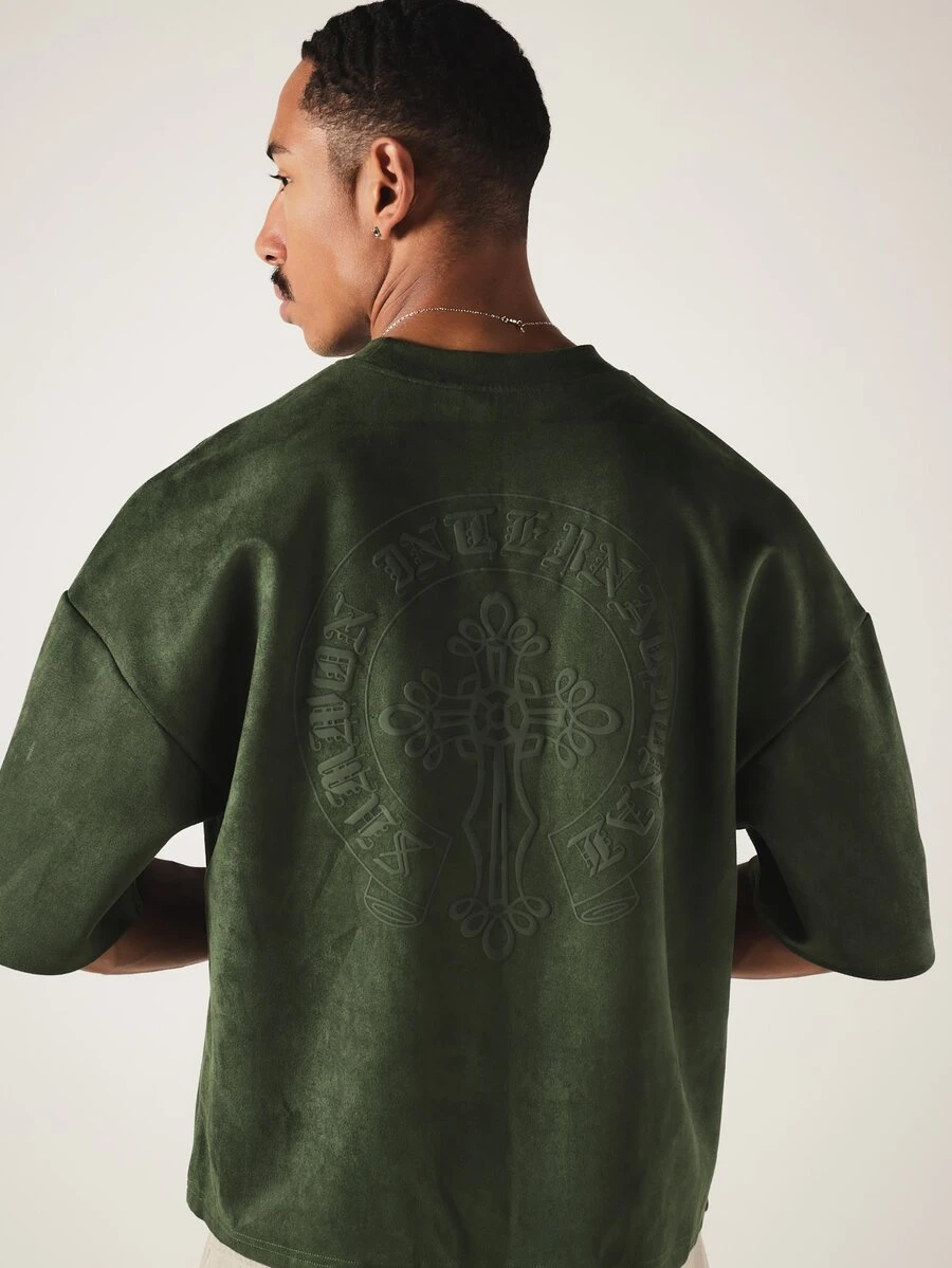 SUMWON Oversized Boxy Crop Suede Textured Crew Neck Short Sleeve T-Shirt With Tonal Back Embossed Graphic Logo Print - Green - View 1