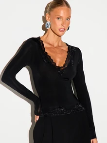 KIZN Lace Trim Plunge V-Neck Long Sleeve Fitted Top With Scallop Hem Detail Perfect For Date Night Or Holiday Party - Black - View 1