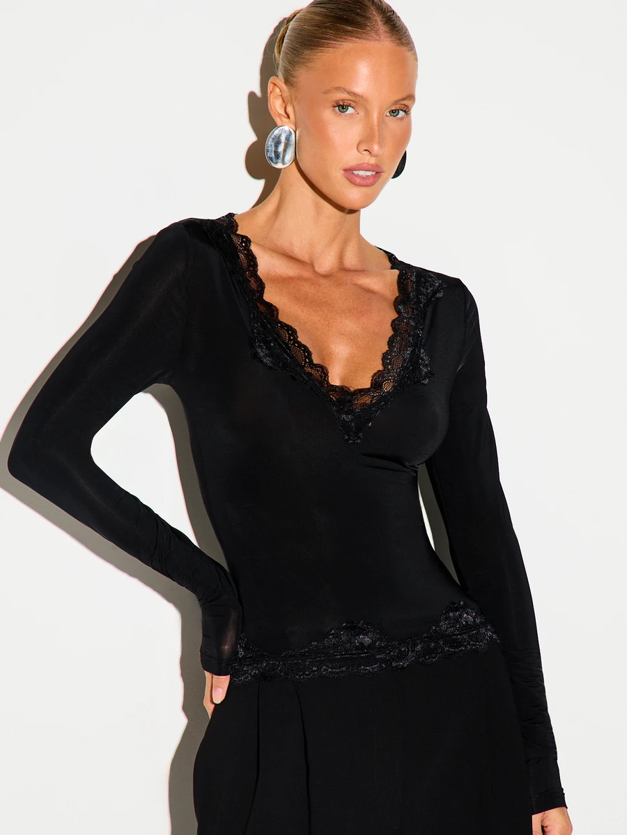 KIZN Lace Trim Plunge V-Neck Long Sleeve Fitted Top With Scallop Hem Detail Perfect For Date Night Or Holiday Party - Black - View 1