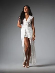 MISSGUIDED Floral Lace Sleeveless Longline Vest With Deep V-Neck Button Front And Sheer Maxi Length Perfect For Summer Occasions And Bridal Events - White - View 1